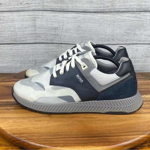 Hugo Boss Low Top Trainers Suede Nappa Leather Gray Blue Shoes Men’s Size 10
